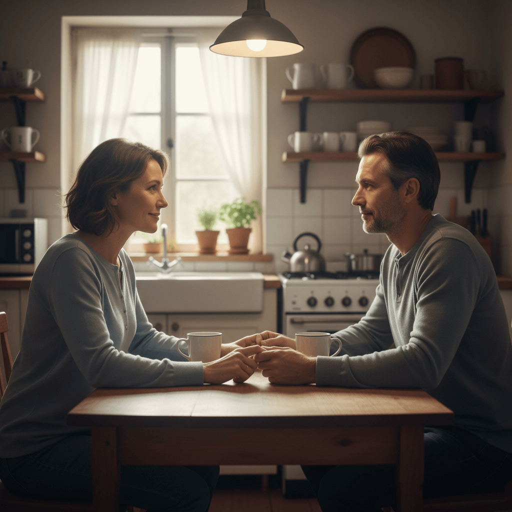 casal sentado na mesa da cozinha