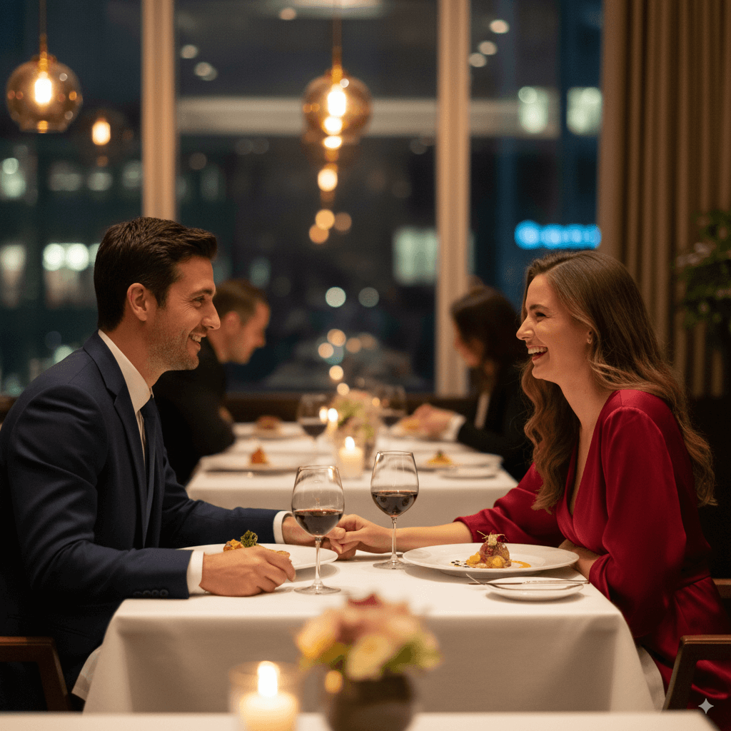 casal feliz jantando